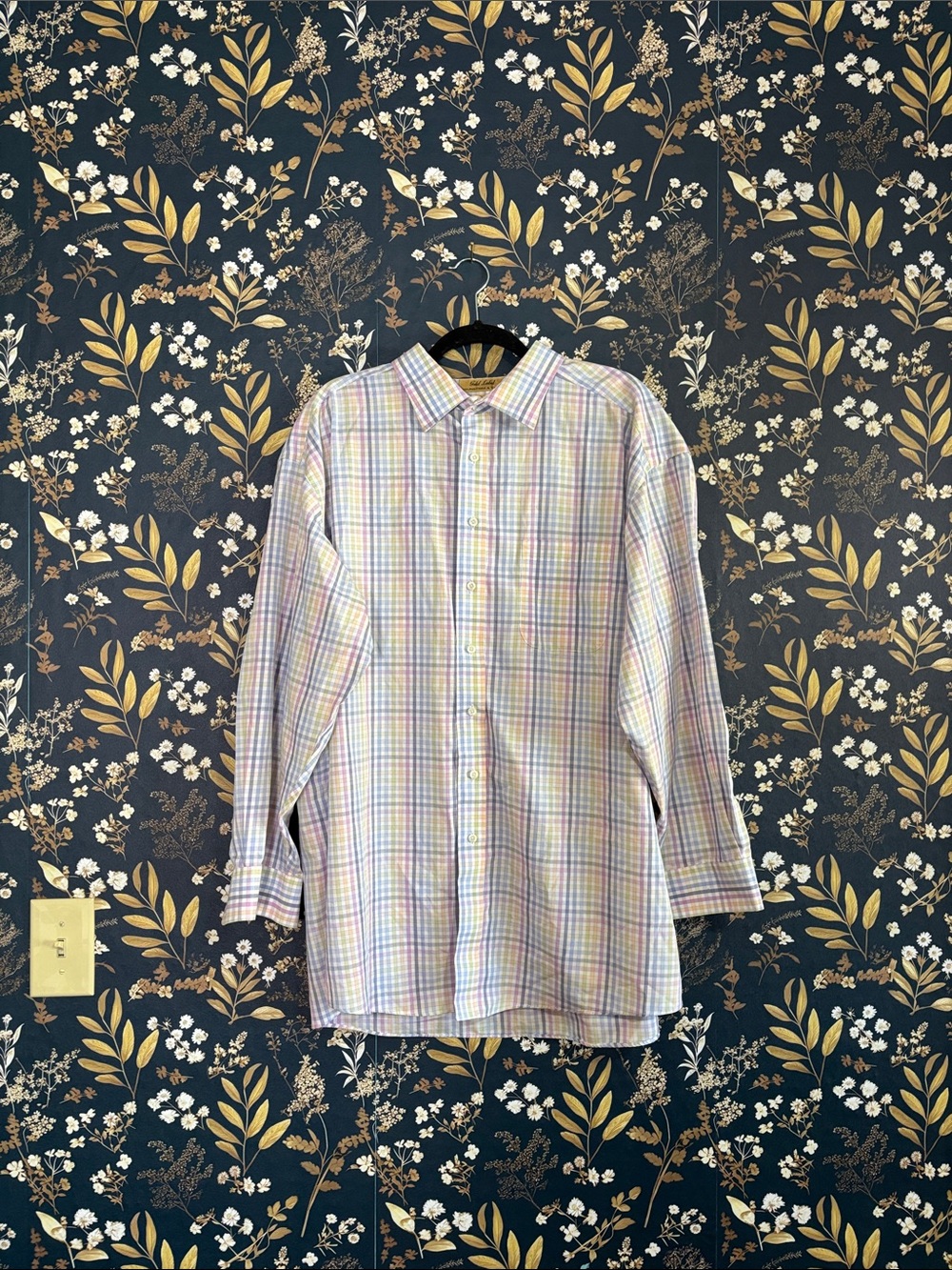 Roundtree & Yorke Rainbow Pastel Plaid Button-Down Shirt Blue Pink Yellow 18.5